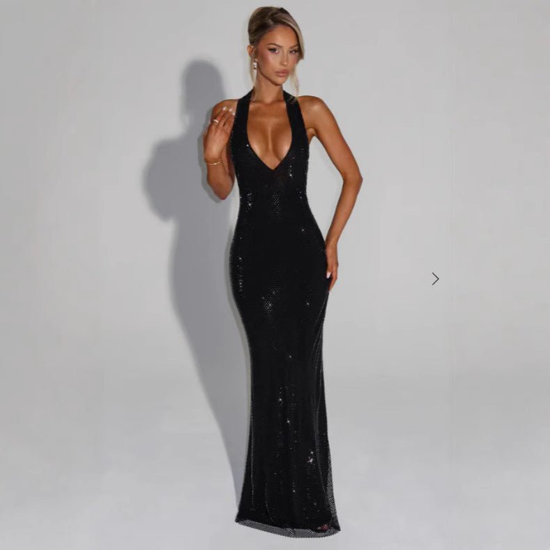 Elegant Sequins Backless Waist Trimming Hip Skirt