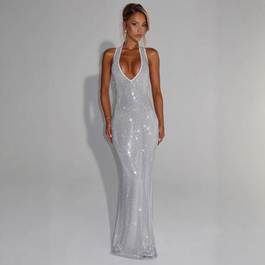 Elegant Sequins Backless Waist Trimming Hip Skirt