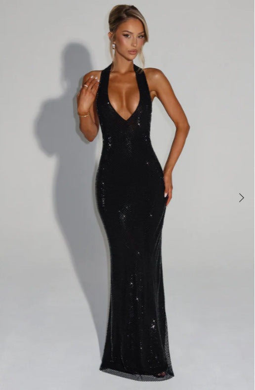 Elegant Sequins Backless Waist Trimming Hip Skirt