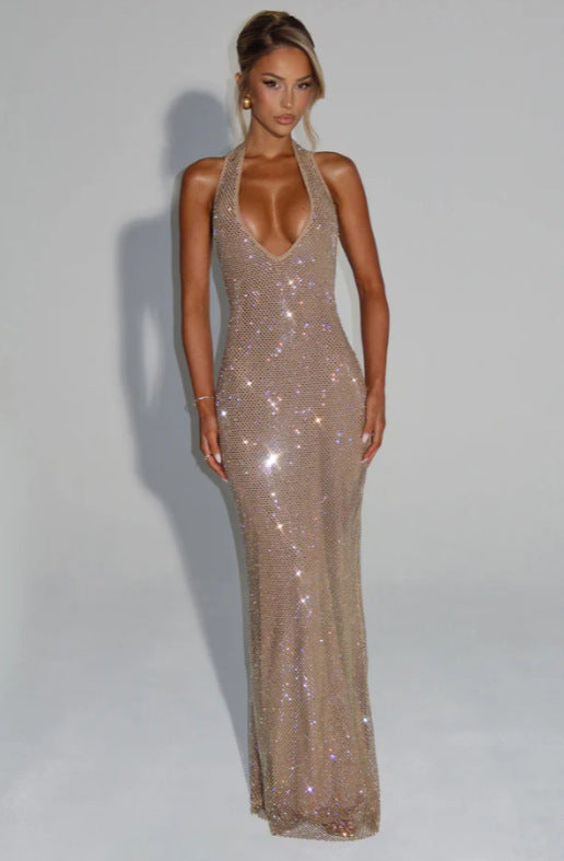 Elegant Sequins Backless Waist Trimming Hip Skirt