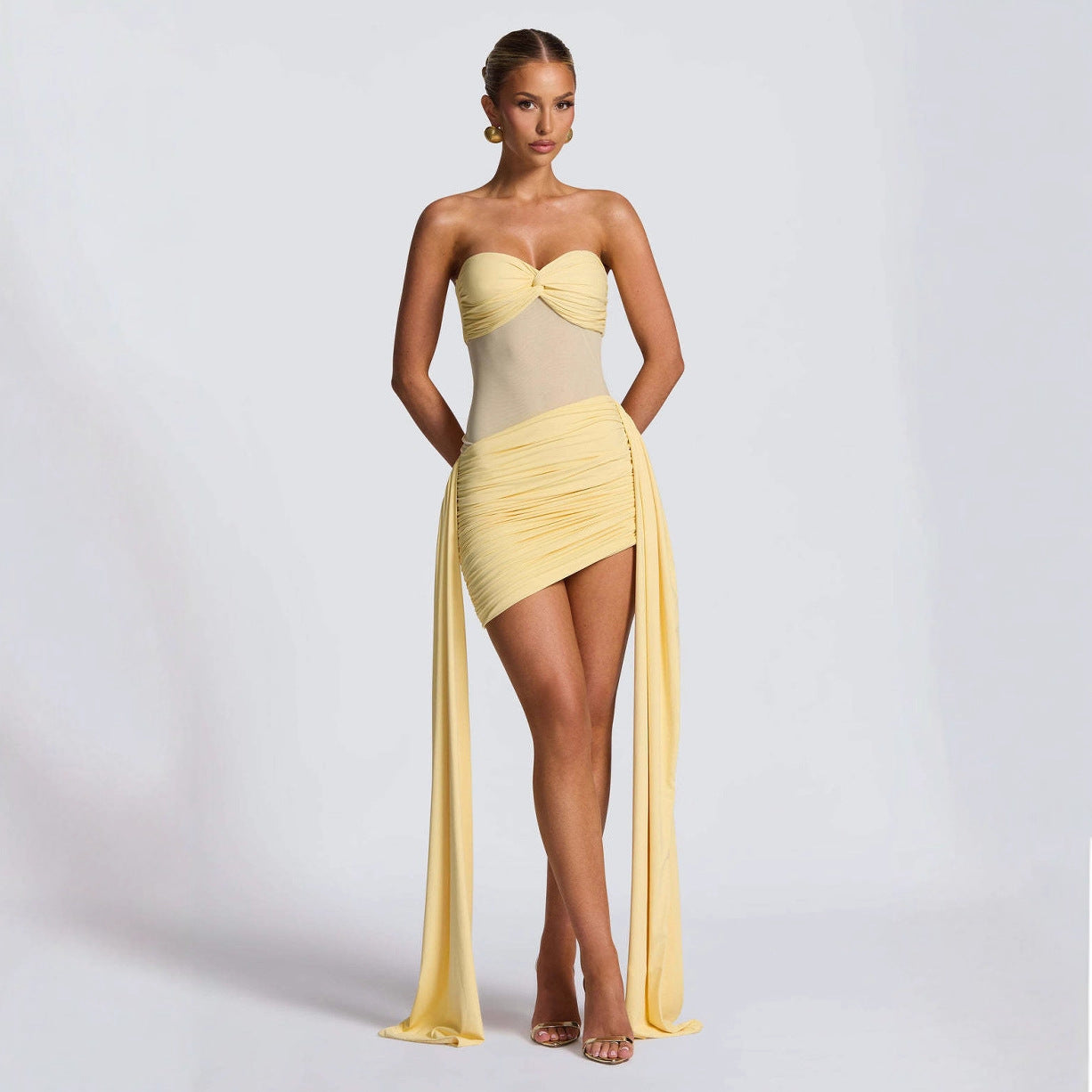 Viorella Stitching Pleated Slit Hemline Dress