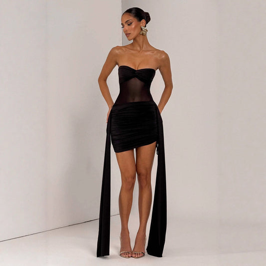 Viorella Stitching Pleated Slit Hemline Dress